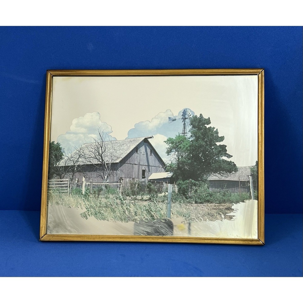 Vintage Framed Copper Plated  Mirror Gray Barn with Windmill